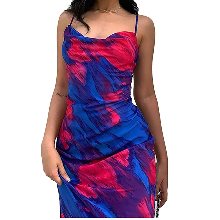 

Fashion Print Sleeveless Spaghetti Strap Midi Dress Party Night Club Gown Backless Sundress Elegant Beachwear