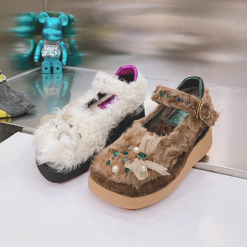 

Новинка 2021, зимние женские теплые туфли-лодочки на высоком каблуке и танкетке, шерстяные туфли с квадратным носком, украшенные платформой