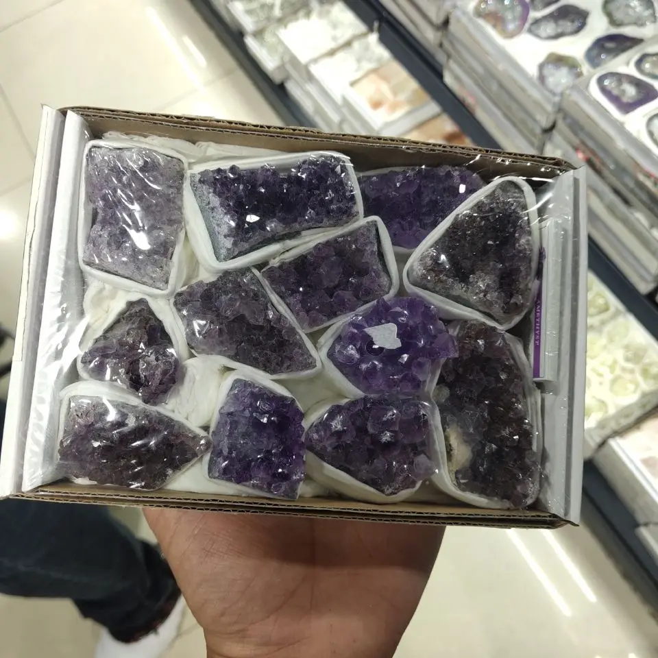 

a box of Natural Raw Amethyst Quartz Purple Crystal Cluster Healing Stones Specimen Home Decoration Crafts Decoration Ornament