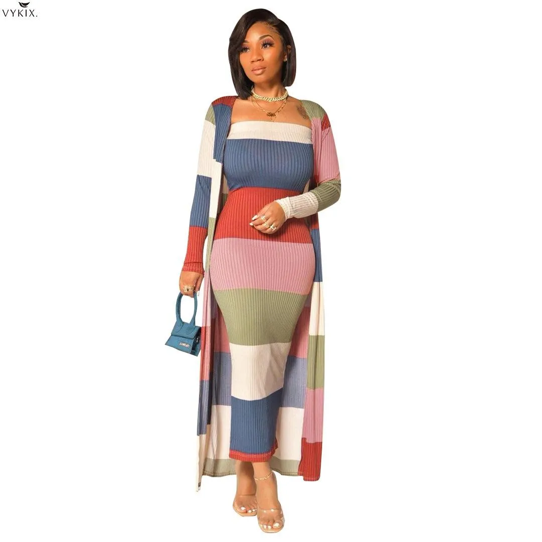 

2021 Knitted Sexy Club Two 2 Pieces Womens Tracksuit Set Fitness Long Coats Tops + Dress Suits Striped Print Winter Club Outfits