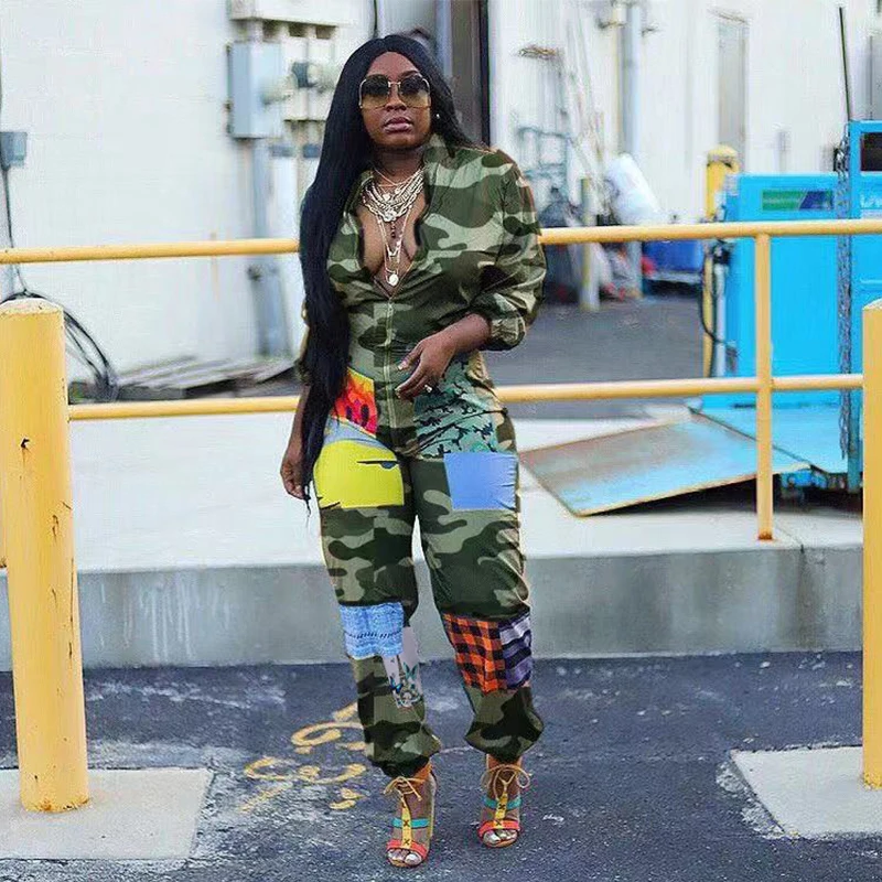 

Plaid Panelled Sexy Jumpsuit for Women Standing Collar Front Zipper Slim Playsuit Party Clubwear Long Sleeve Plus Size Rompers