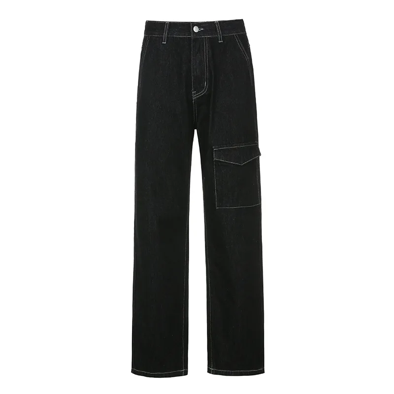

Spring Autumn Women Baggy Jeans Korean Fashion High Waist Straight Leg Jeans Woman Casual Loose Big Pockets Black Denim Pants