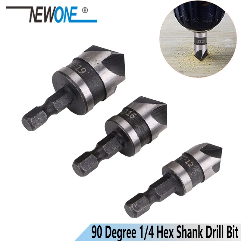 

3pcs/set 90 Degree 1/4 Hex Shank Drill Bit 5 Flute 12-19mm Woodworking Chamfer Counter Sink Chamfering Debur Countersink