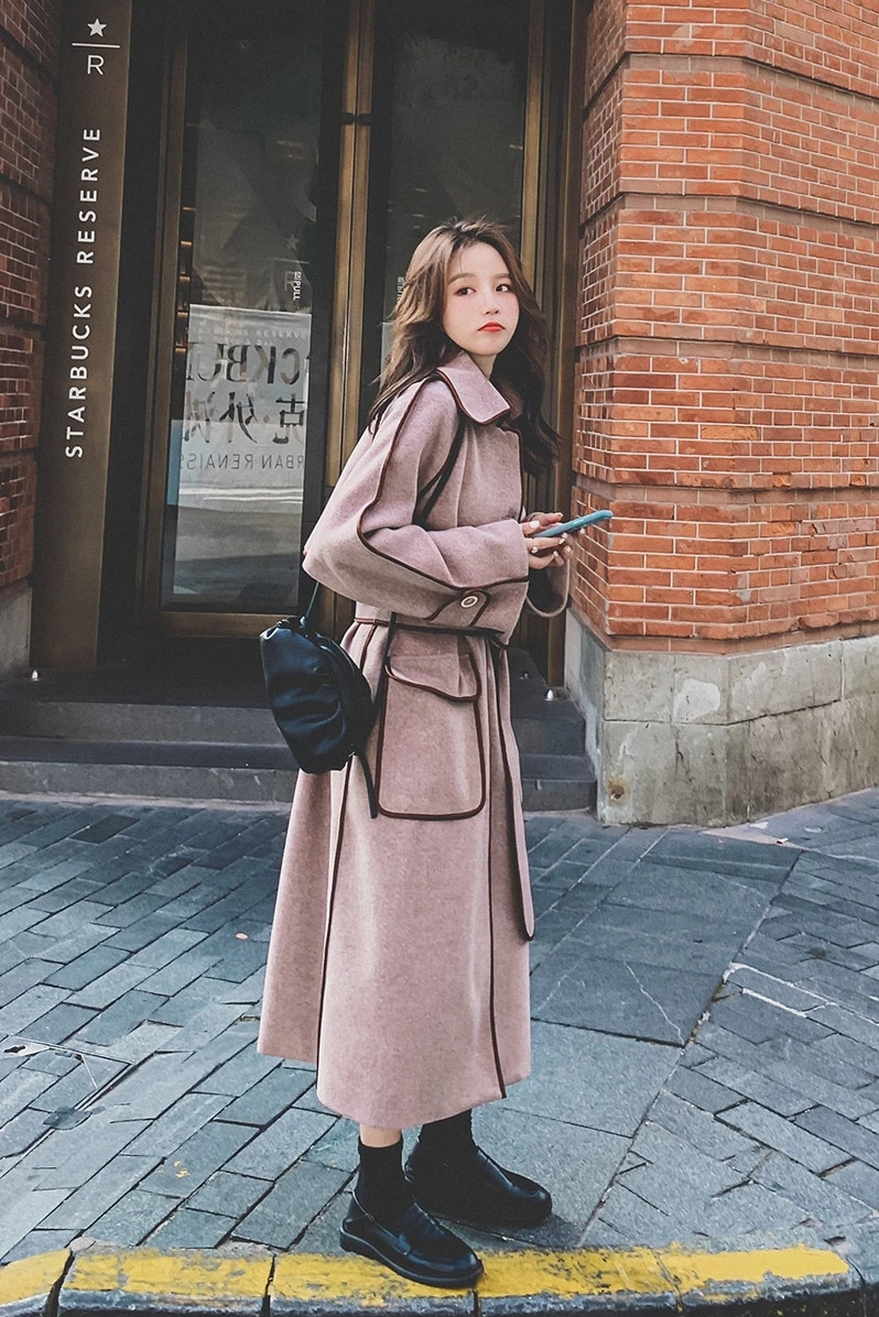 

Winter Clothes Women Fashion Loose Elegant Long Trench Woolen Coat Female Plus Size Korean Belted Windbreaker Overcoat Outerwear