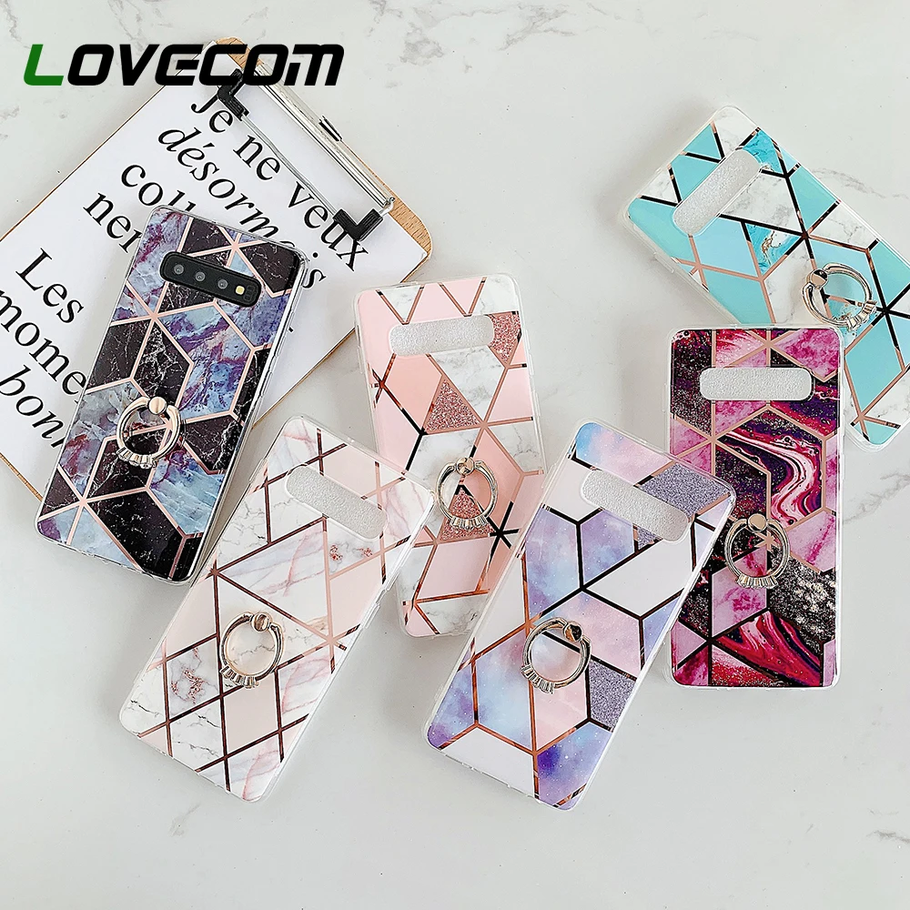 Geometric Marble Phone Case With Finger Ring For Samsung A50 A70 A51 A71 S20 Plus S8 S9 S10 Soft IMD Back Cover | Мобильные телефоны