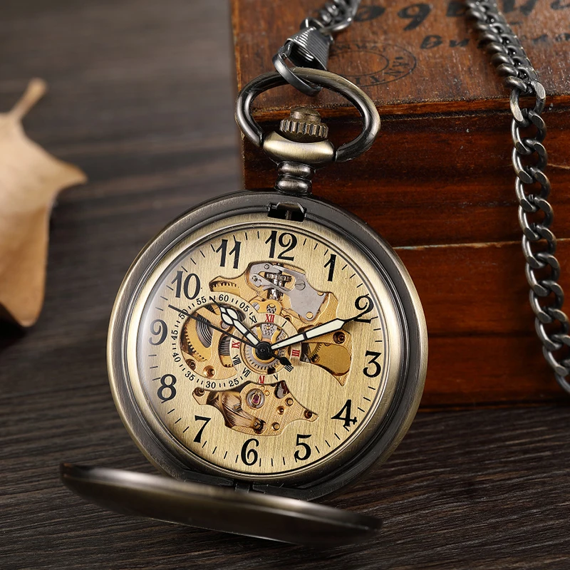 Old Time Mechanical Pocket Watch Antique Skeleton Dial Fob Chain Hollow Case Hanging Clock with Gift Box for Men Dropshipping