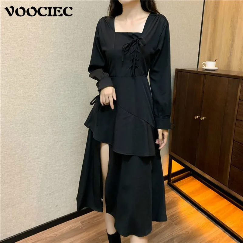 

VOOCIEC женское осеннее элегантное платье с разрезом, женское платье большого размера в стиле пэчворк, необычное дизайнерское платье в стиле Х...