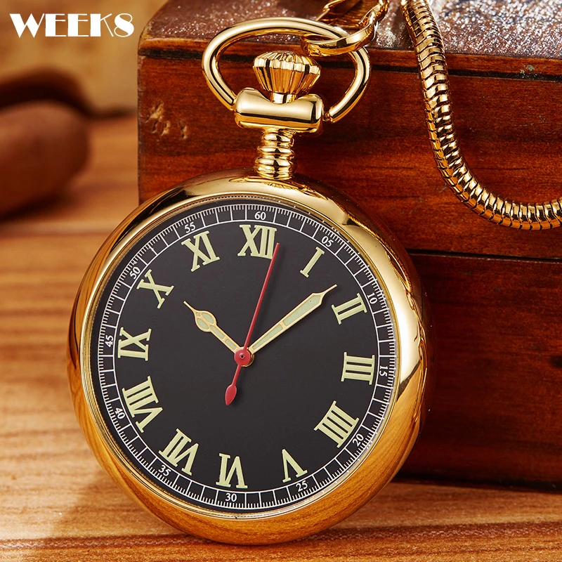 

Roman Numeral Mechanical Pocket Watch Luxury Smooth Gold Steampunk Skeleton Engraved Fob Chain Clock for Men Women Collection