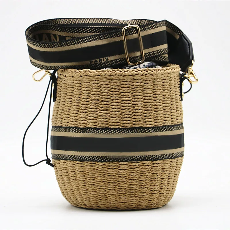 

Brand Designer Summer Straw Basket Bucket Bags For Women Ladies Fashion Shoulder Crossbody Woven Beach Bag Casual