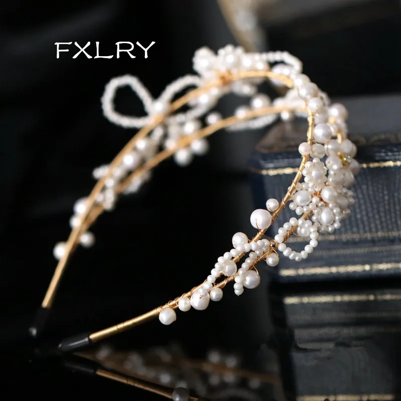 

FXLRY Original Design Hair Accessories, Vintage Hand-Woven Natural Pearl Headband Bridal Jewelry