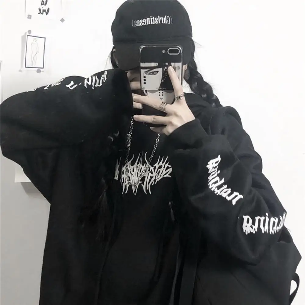 Women Loose Streetwear Black Sweatshirt Knitted Hooded Sexy Print Hoodies Fashion Pullovers Long Hoodie Tops Harajuku | Женская одежда
