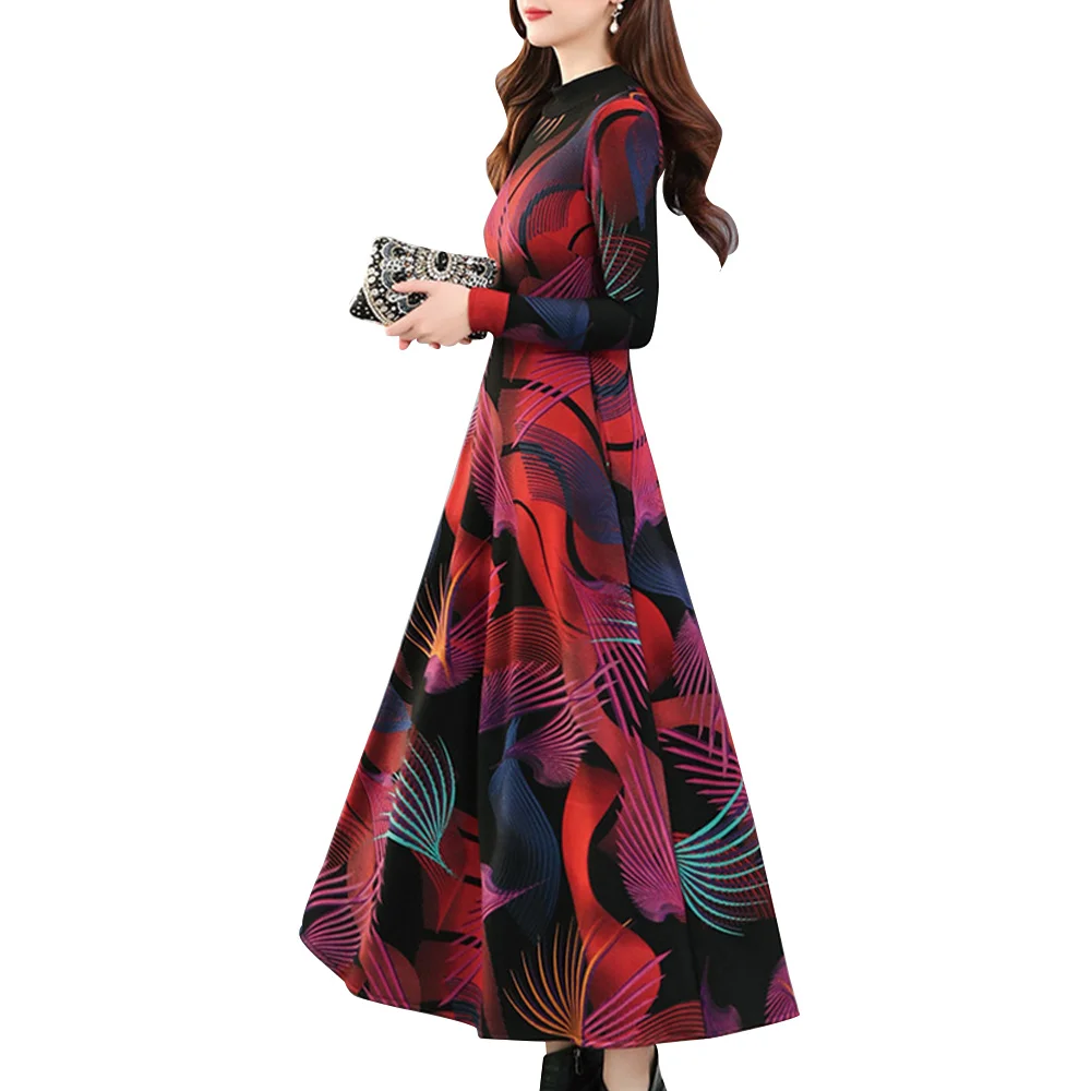 

Women's Fashion Dress Vintage Printed Dress Female Clothes Mid Waist Swing Dresses A-Line Long Sleeve Women Dresses Party