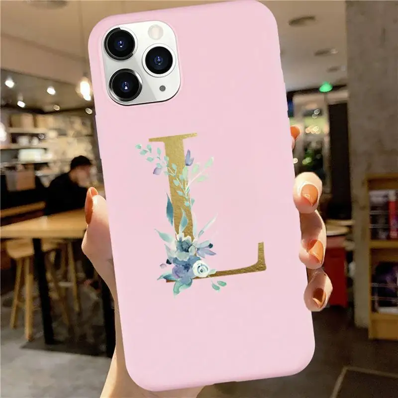 

Golden Alphabet letters flowers Phone Case Candy Color for iPhone 6 7 8 11 12 s mini pro X XS XR MAX Plus