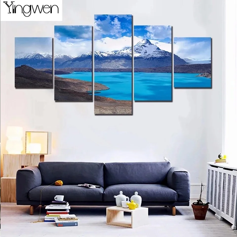 

5 Panels 5D Diy Full Diamond Painting Lake Blue Sky Endless Snow-Capped Mountains Natural Landscape 3D Embroidery Kit Home Decor