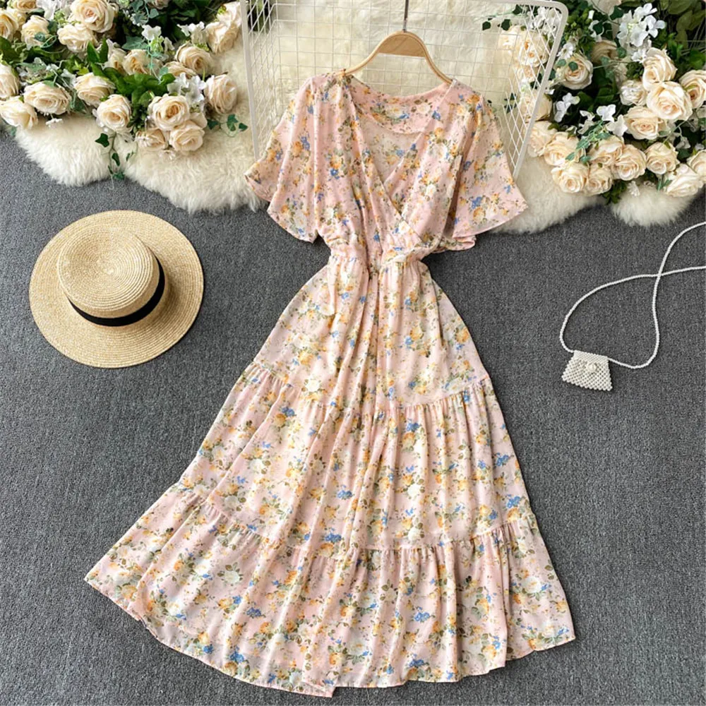 

Women Floral Beach Summer Dress V Neck Slim Ruffles Holiday Midi Dresses Loose Casual High Waist Female Gown Sundress 2021