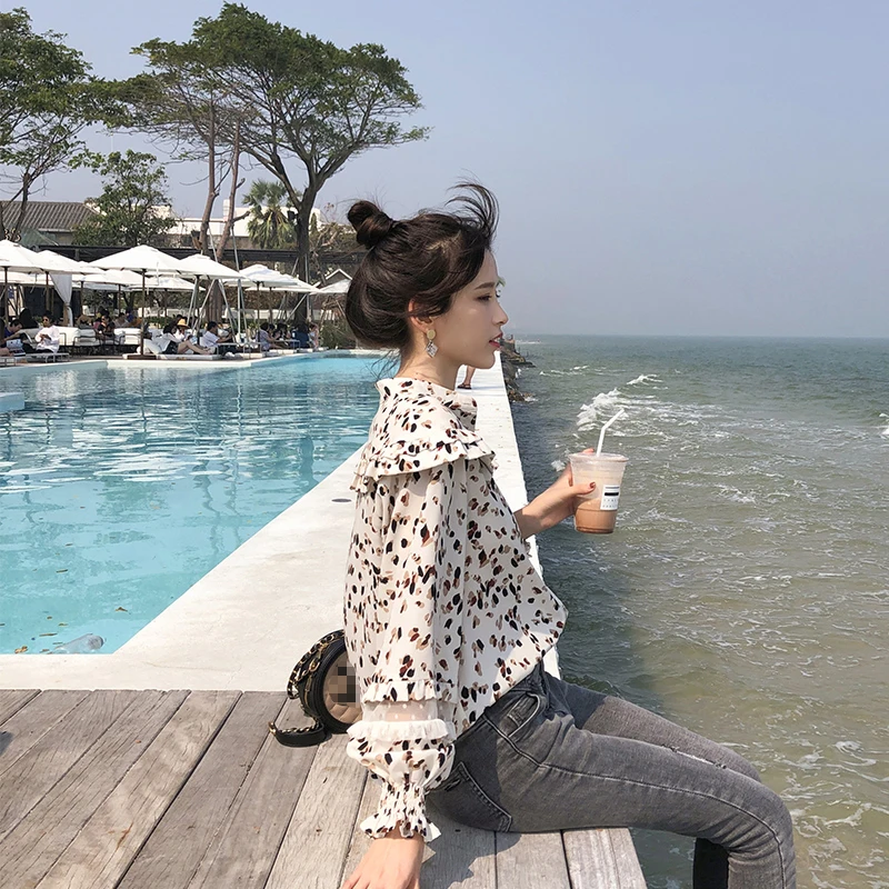 Весна 2019 новые летние Цветочный принт Шифоновая блузка трепал воротник с