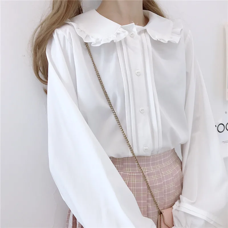 

autumn solid Small fresh Shirts Female Peter pan collar long sleeve Blouses Women's Clothing loose fashion blusas sweet style