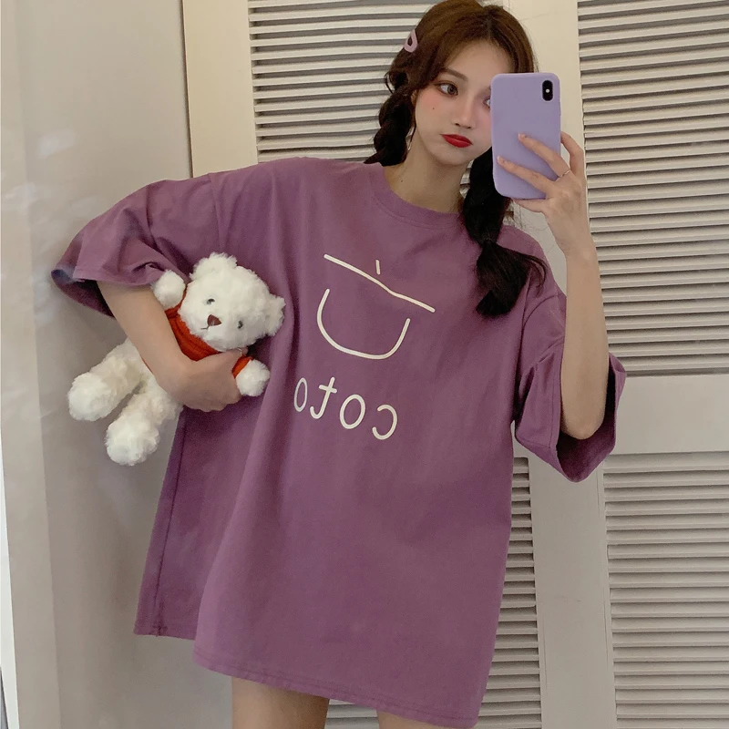 

Purple Short Sleeve T-shirt Female 2021 Loose Korean Student Harajuku Style T Shirts Summer Short Sleeve Printed Tops