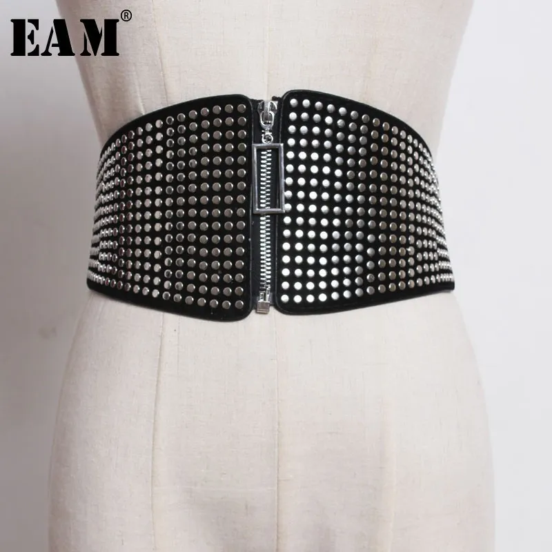 

[EAM] Новинка 2023, весна-лето, высокая эластичная резинка на талии, черный, с заклепками, на молнии, широкий пояс, универсальная женская мода JO084