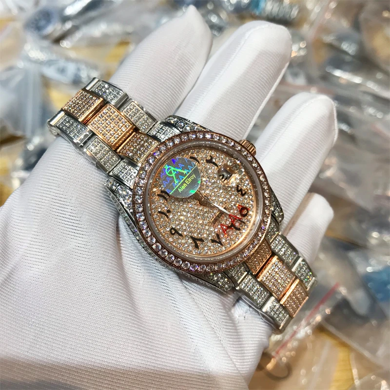 

Rose Gold &Silver iced out watch Arabic numbers excellent quality sapphire glass glide smooth second hand diamonds watches