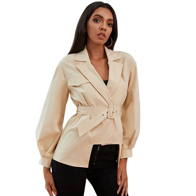 

Business Irregular Tops Leisure Commuting Short Windbreaker Single-breasted Belt Irregular Ladies Coat Spring Autumn New Fashion
