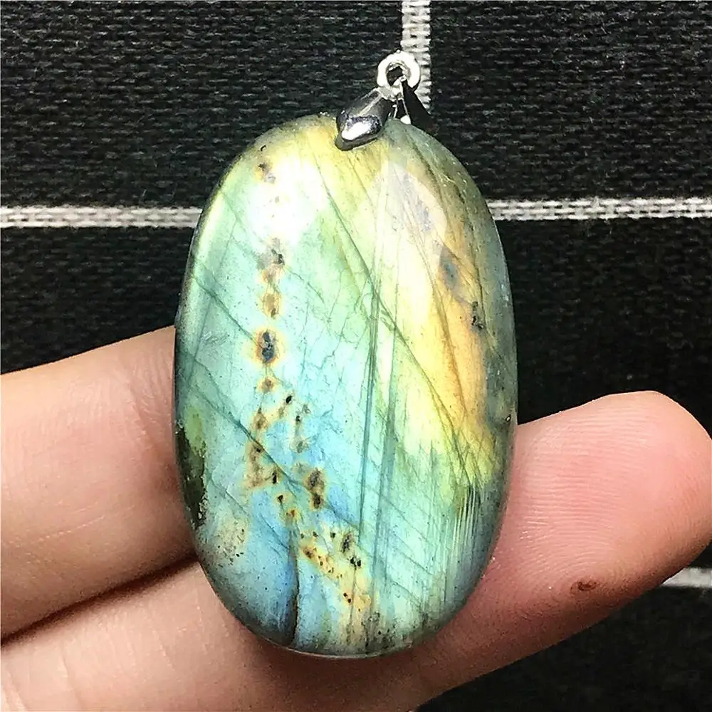 

Natural Yellow Blue Labradorite Necklace Pendant Jewelry For Woman Man Oval Crystal Silver 37x23x8mm Moonstone Beads Stone AAAAA
