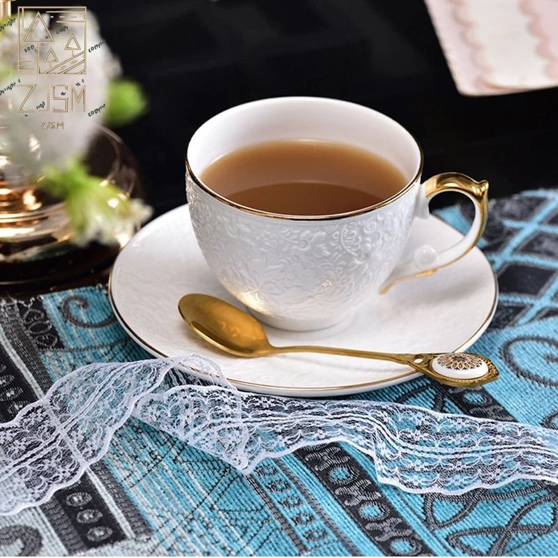 

Ceramic Coffee Mug And Saucer Set Luxury Flower Tea Cups With Gold Embossed Light Luxury Exquisite Afternoon Tea Cup With Spoon