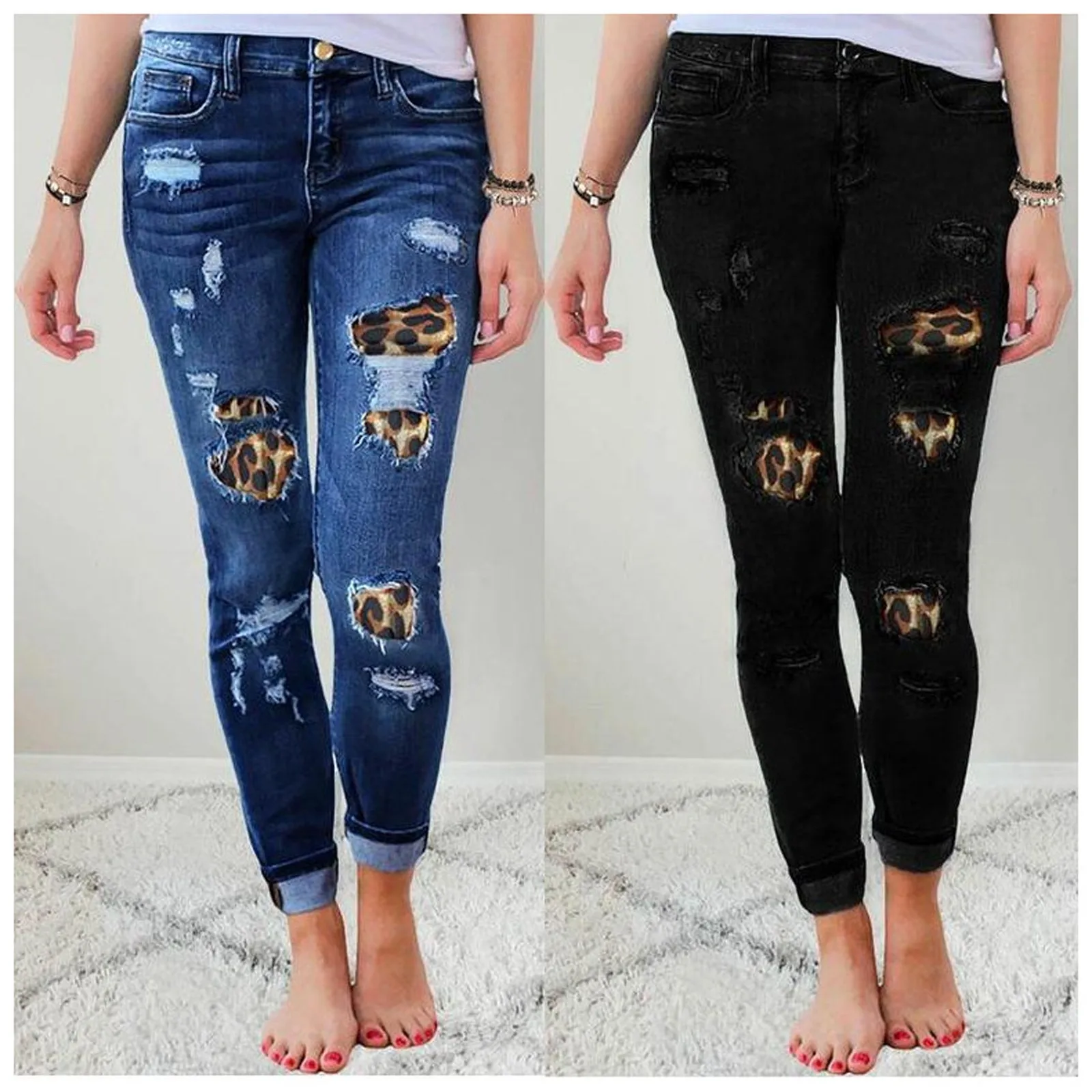 

Women Jeans Leopard Print Ripped Jeans Plus Size Trousers Women Pencil Skinny Jeans Fashion Female Pants Sexy Women Pants