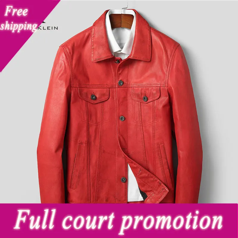 

Men Genuine Leather Jacket Real Cow Leather Jackets Casual Short Red Pockets 2020 Autumn New Coat for Man 207