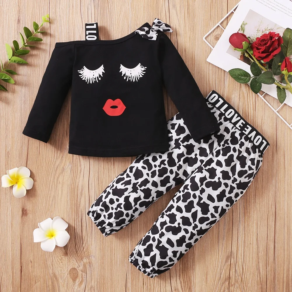 

6M-4T Toddler Baby Girl Clothes Set Kids Toddler Girl Outfits One Shoulder Black Top + Pants Infant Kids Children Clothing