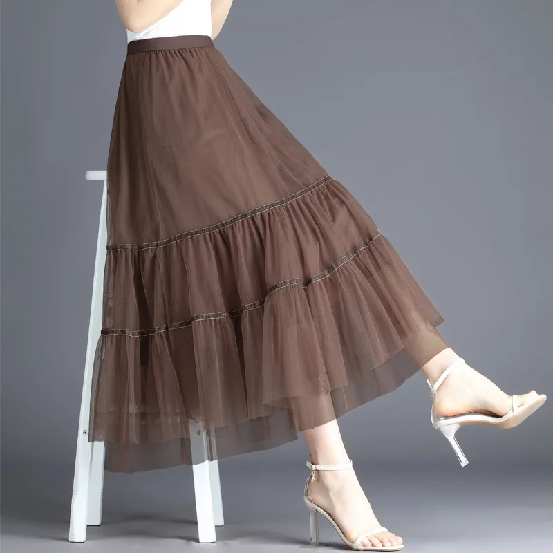 

Black Mesh Pleated Midi Skirts Female Summer Mid-length Gauze Mid-length Skirt 2021 Spring & Summer Large Swing Skirts BSQ458