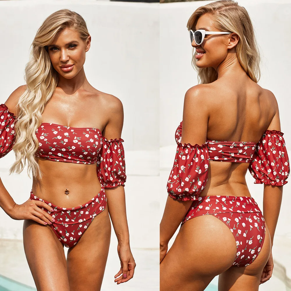 2021 new European and American split bikini short sleeve high waist printed 3-color floral split sexy women's swimsuit