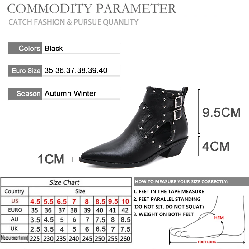 BYQDY Sexy Rivets Autumn Ankle Boots For Woman Cow Leather Chunky Heel Zipper Ladies Booties Buckle Solid Black Short | Обувь