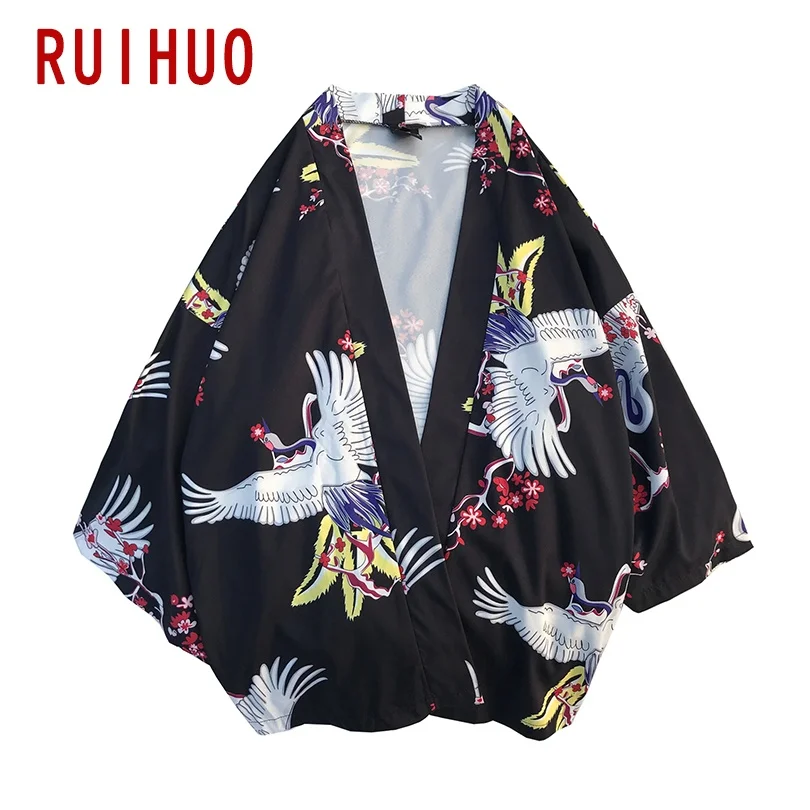 

RUIHUO Crane Print Kimono Men Clothing Kimono Cardigan Tops Harajuku Shirt Men Summer Japanese Streetwear M-3XL 2021 Arrivals