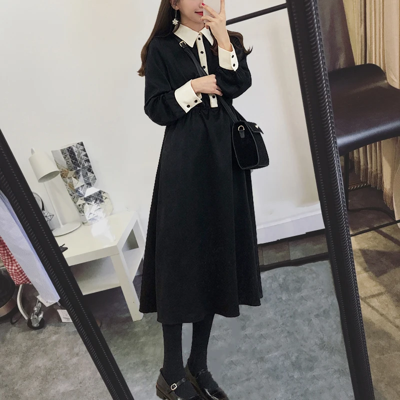 Женское лоскутное платье трапеция с длинным рукавом Повседневное средней длины