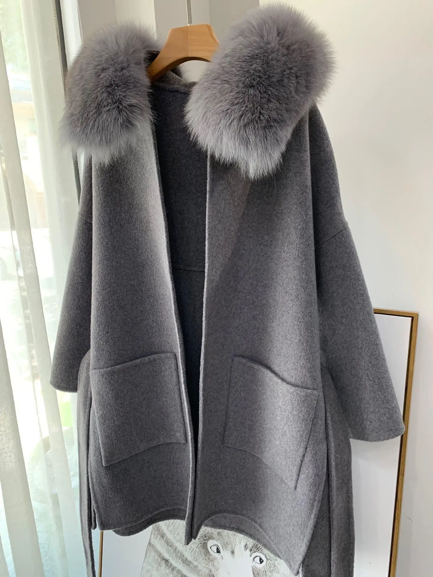 Корейское длинное кашемировое пальто с настоящим бренд Fox Fur Trim Hoodie теплое плотное пальто с большими карманами женская верхняя одежда зимнее пальто