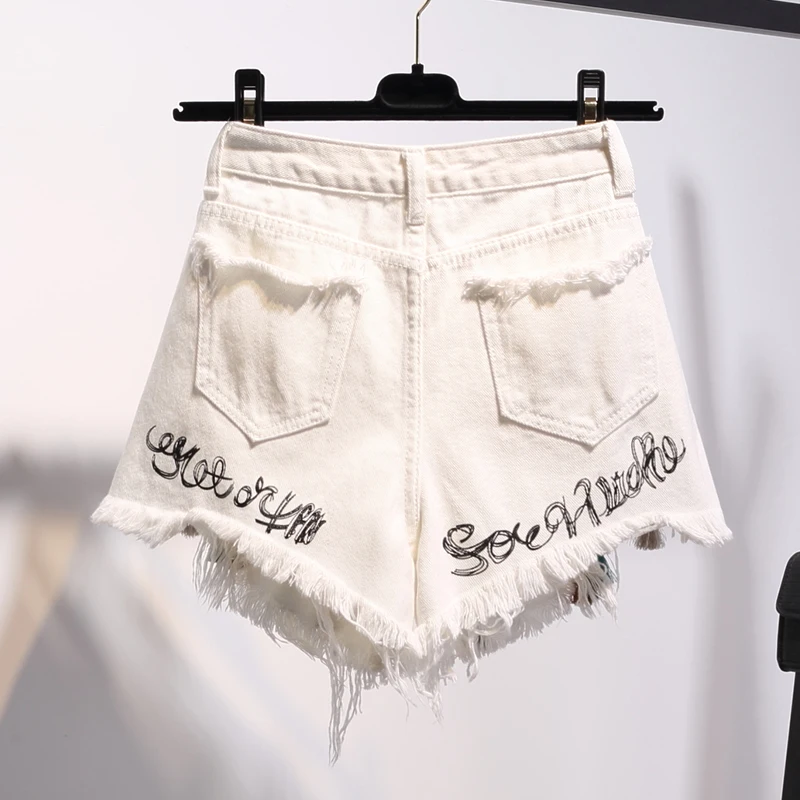 Шорты женские джинсовые с бисером свободные размера плюс завышенной талией и