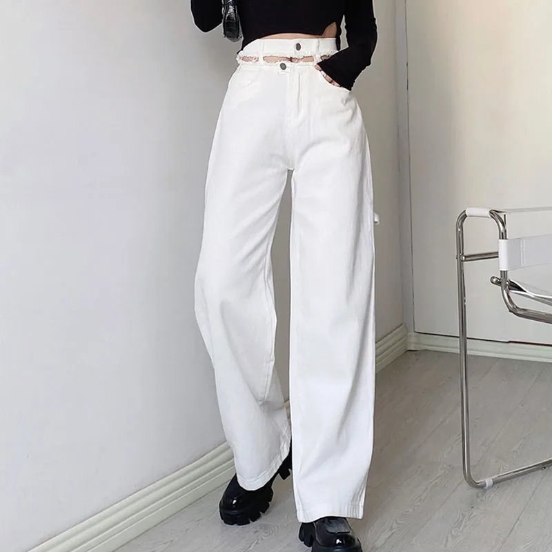 

Hollow Out Waist Straight Wide Leg Women's Jeans Baggy Cargo Pants White Elastic Comfortable Trousers Fashion Female Bottoms