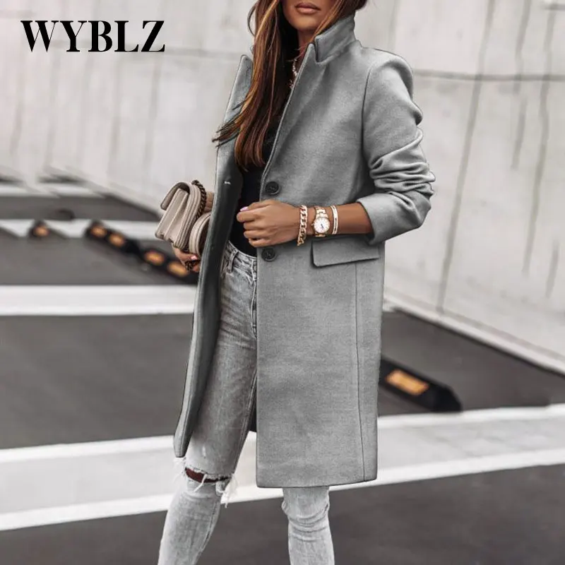 

Women Woolen Trench Coat Fashion Spring Autumn Thin Overcoat 2021 Slim Simple Long Sleeve Single Breasted Jacket Solid All-match