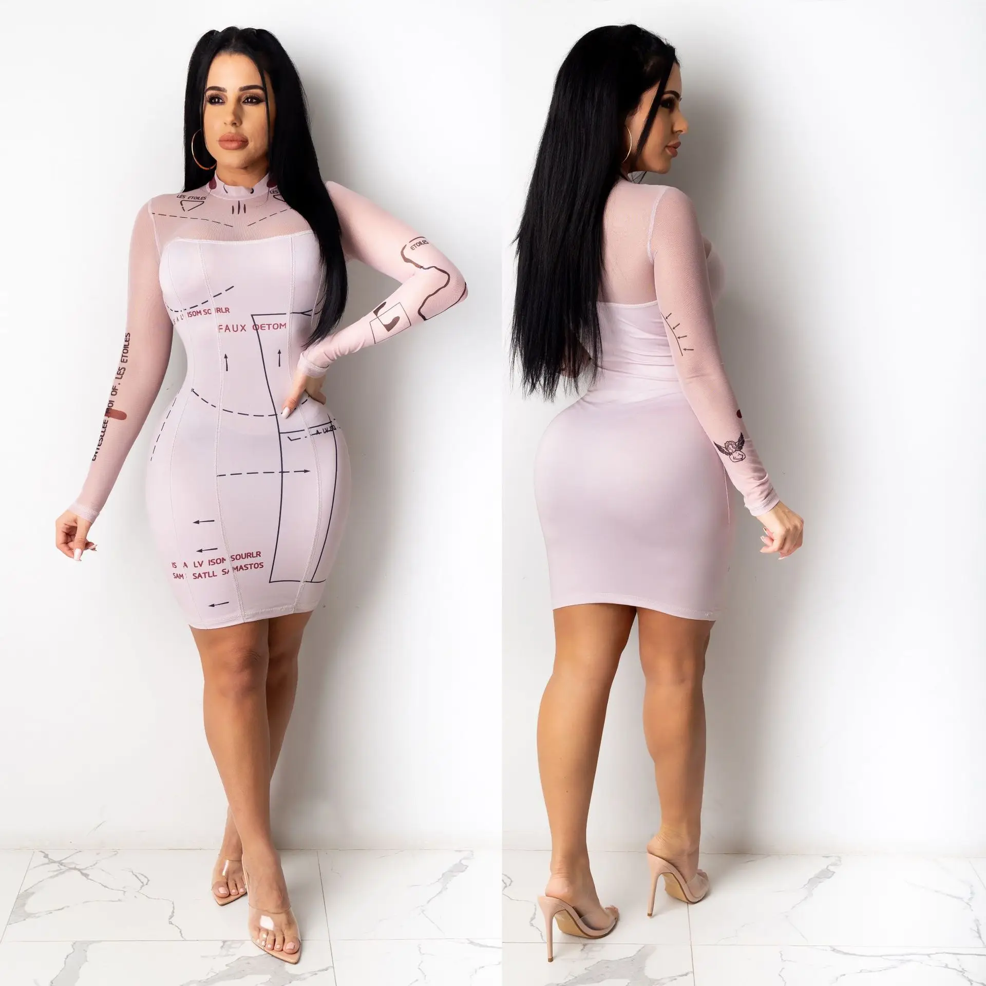 

Women's Dress Autumn 2021 New Long-Sleeved Printed Mesh Perspective Stitching Tight Dress Sexy Mini Skirt Nightclub Party Style
