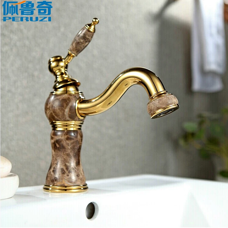 Ванная комната мраморный полностью медный золотой кран с холодной и горячей