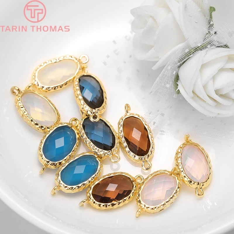 4PCS 9x20MM Hole 1MM 24k Gold Color Brass Long Oval Colourful Glass 2 Holes Connect Charms Diy Jewelry Findings Accessories | Украшения и