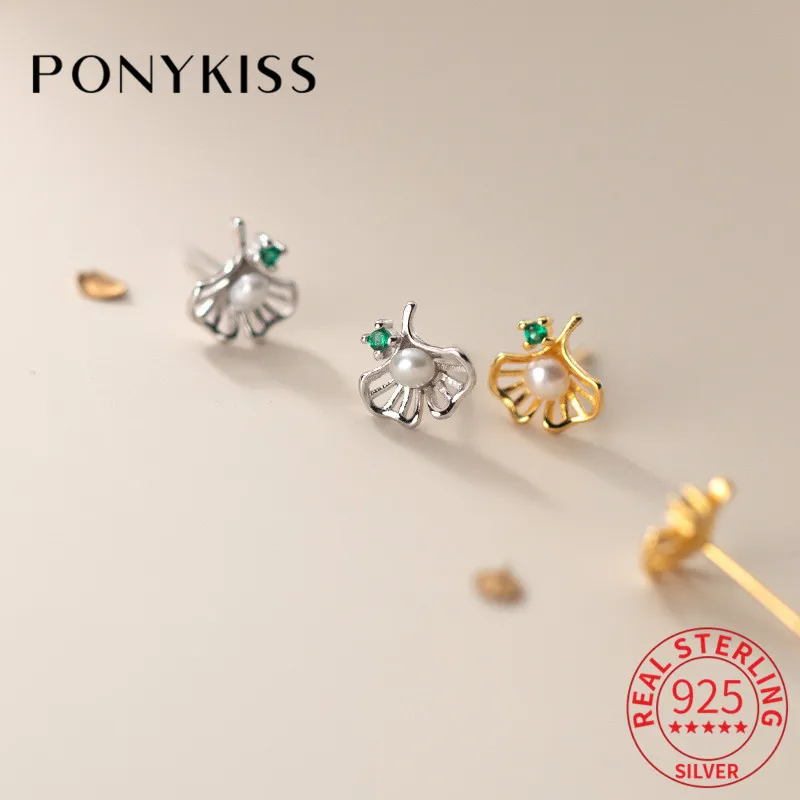 

PONYKISS Trendy 925 Sterling Silver Ginkgo biloba Zircon Pearl Hollow Stud Earrings Women Party Fine Jewelry Minimlist Accessory
