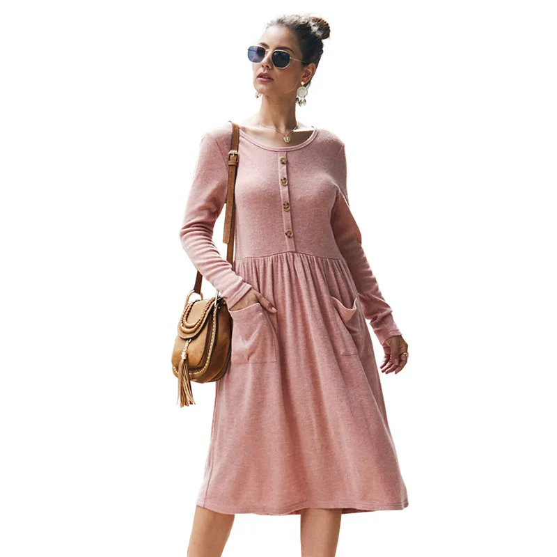 

2019 Fashion Women Elegant Dresses Casual O Neck Long Sleeve Autumn Dress Woman Midi Knee Slim Dresses