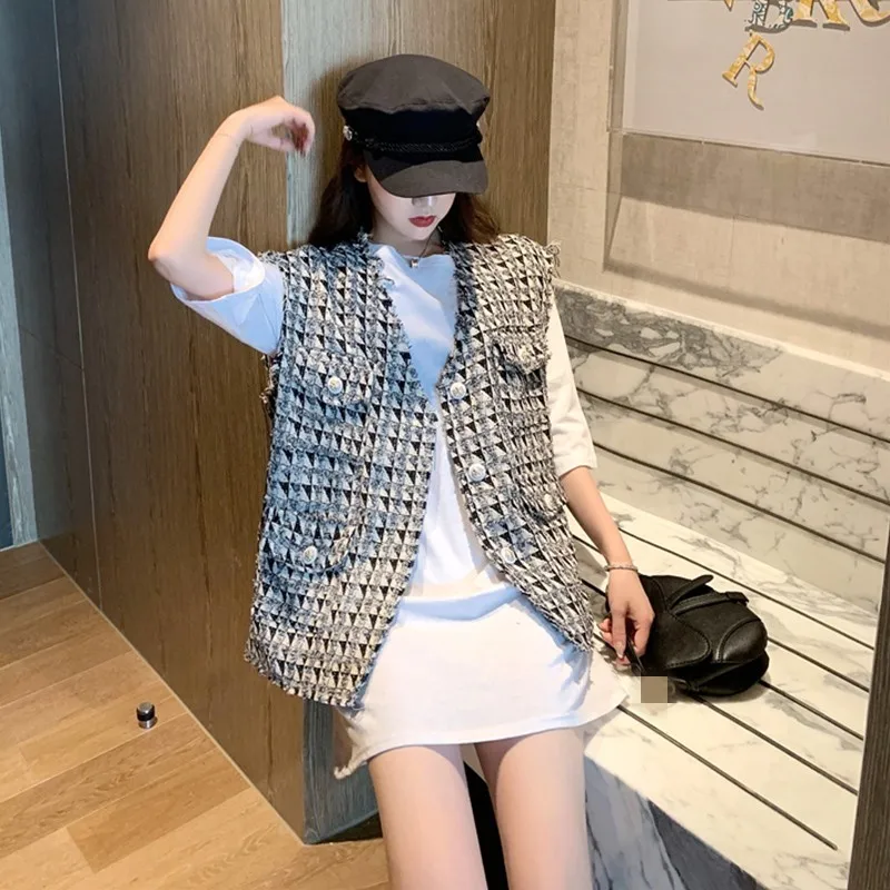 Женский жилет с узором ромбиками однобортный Тонкий твидовый Свободный без