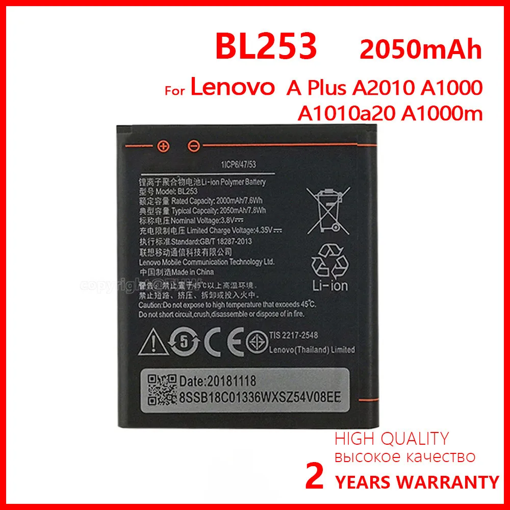 

100% Genuine BL253 Phone New Battery For Lenovo A Plus A1010a20 A2010 A1000 A1000m A 1000 2050mAh Batteries With Gifts Tools