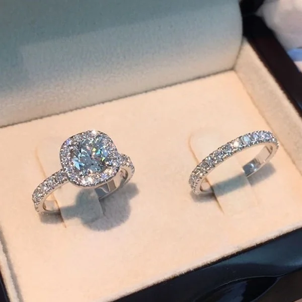 

Princess 925 Pure Sterling Silver Natural White Sapphire Gemstone Diamond Ring Anniversary Gift Bride Wedding Band Engagement