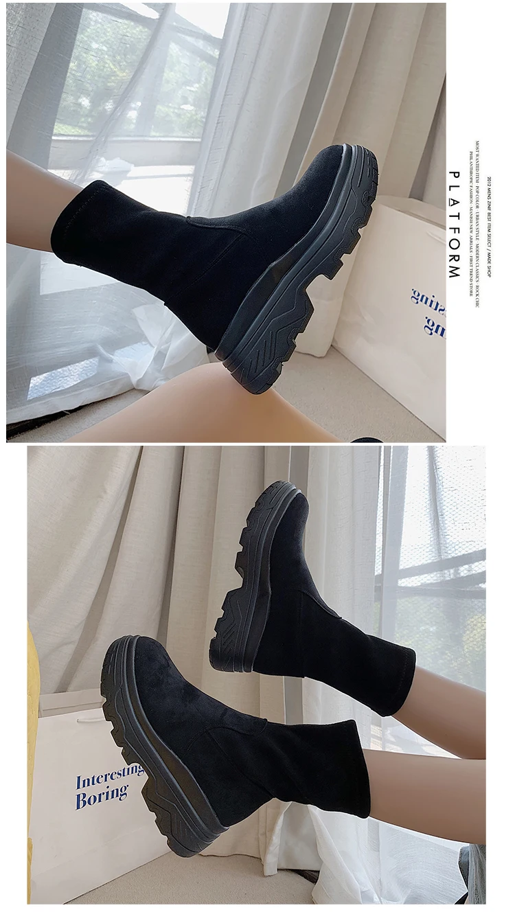 LMCAVASUN Platform Ankle Boots Shoes Woman Suede Equestrian Winter Thick Sole Lace-up Women Shoes Waterproof Martin Boot