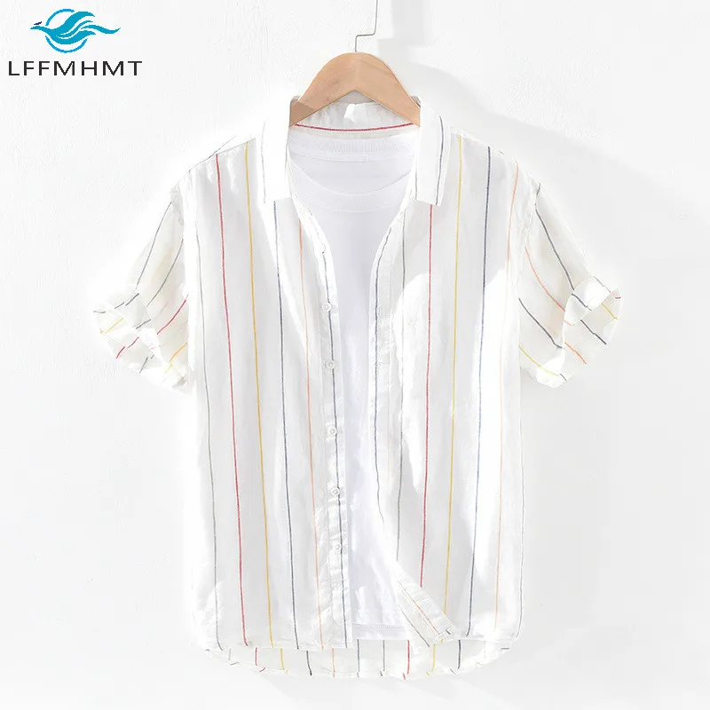 1708 100% здоровая льняная Модная рубашка с коротким рукавом и отложным воротником