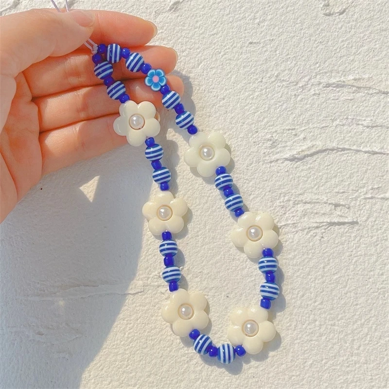 

ins Style Flower White Pearls Blue Resin Striped Beads Anti-Lost Mobile Phone Lanyard Women's Telephone Chain Jewelry Gifts